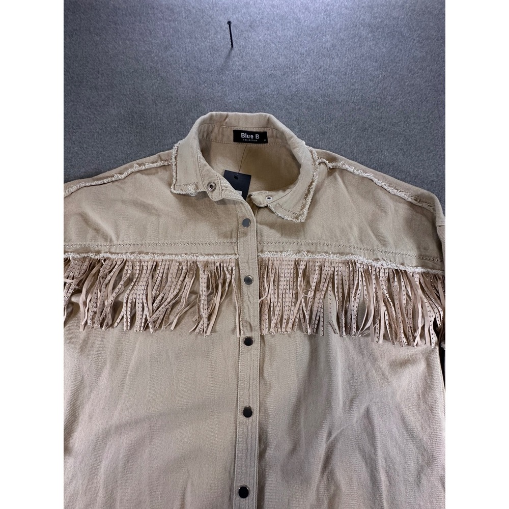 Blue B Collection Tan Denim Fringe Studded Shacket Western Boho Jacket Medium
